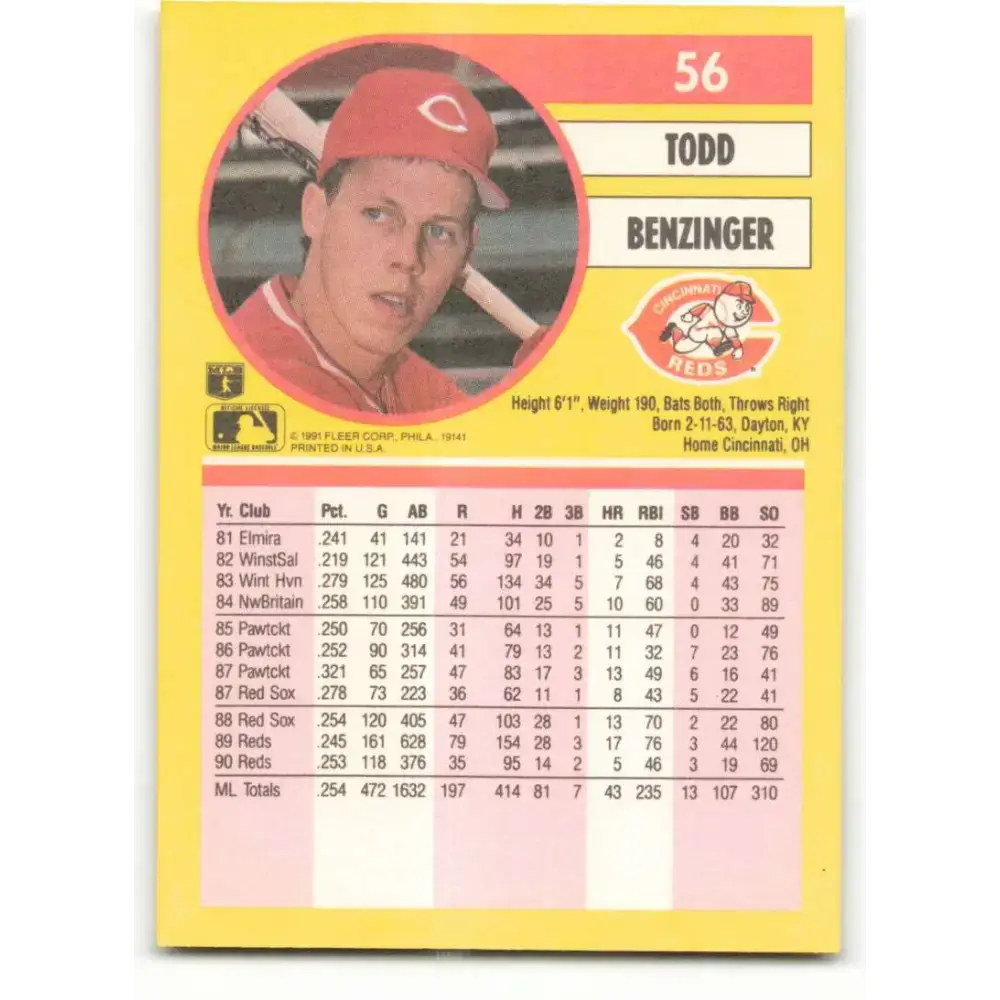 1991 Fleer #56 Todd Benzinger NM-MT Cincinnati Reds Baseball Card - Baseball Card Single