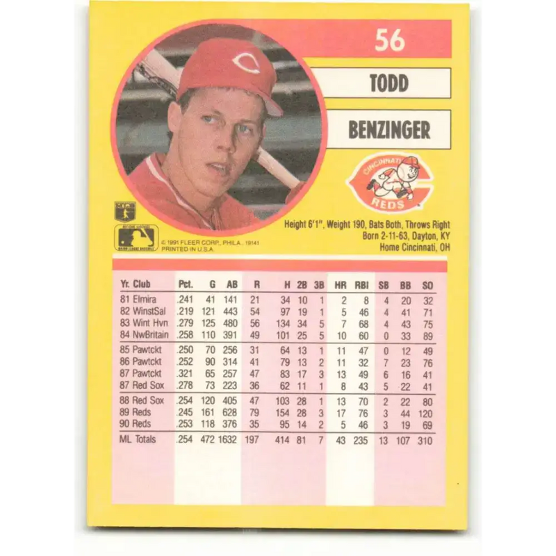 1991 Fleer #56 Todd Benzinger NM-MT Cincinnati Reds Baseball Card - Baseball Card Single