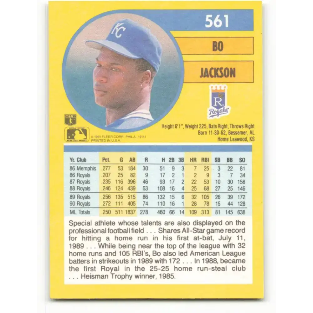 1991 Fleer #561 Bo Jackson NM-MT Kansas City Royals Baseball Card - Baseball Card Single