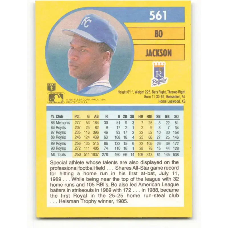 1991 Fleer #561 Bo Jackson NM-MT Kansas City Royals Baseball Card - Baseball Card Single