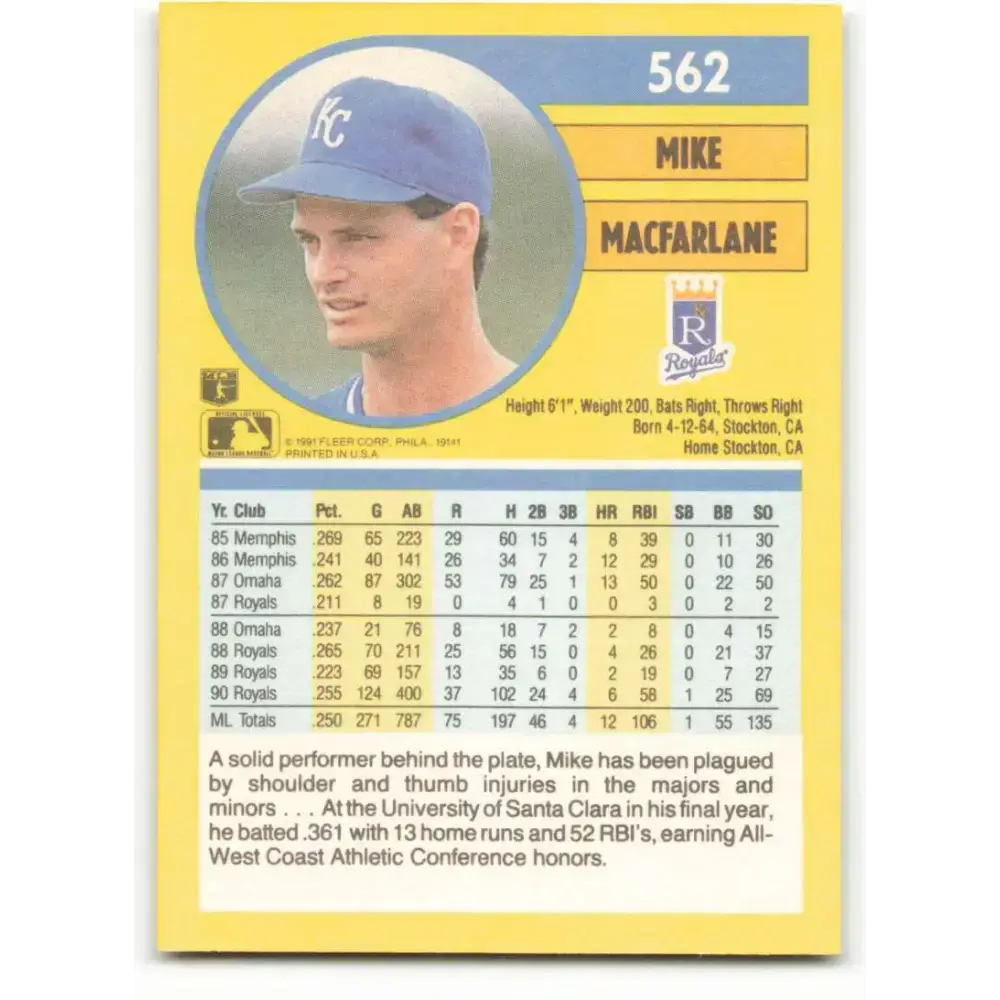 1991 Fleer #562 Mike Macfarlane NM-MT Kansas City Royals Baseball Card - Baseball Card Single