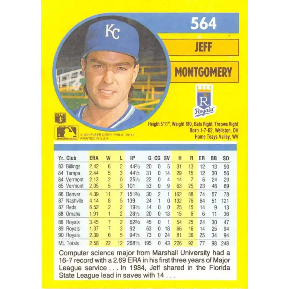 1991 Fleer #564 Jeff Montgomery NM-MT Kansas City Royals Baseball Card - Baseball Card Single