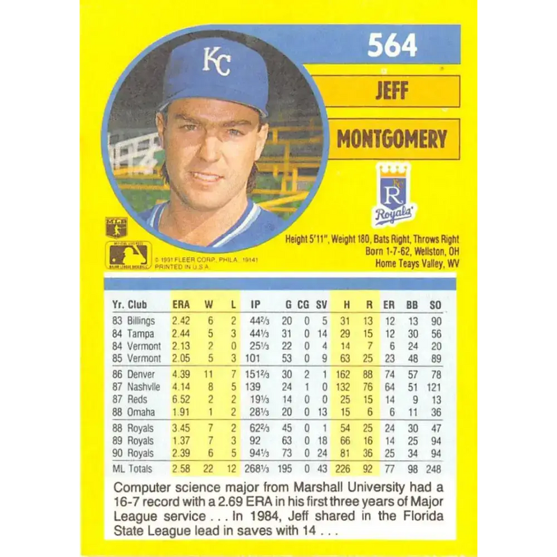 1991 Fleer #564 Jeff Montgomery NM-MT Kansas City Royals Baseball Card - Baseball Card Single