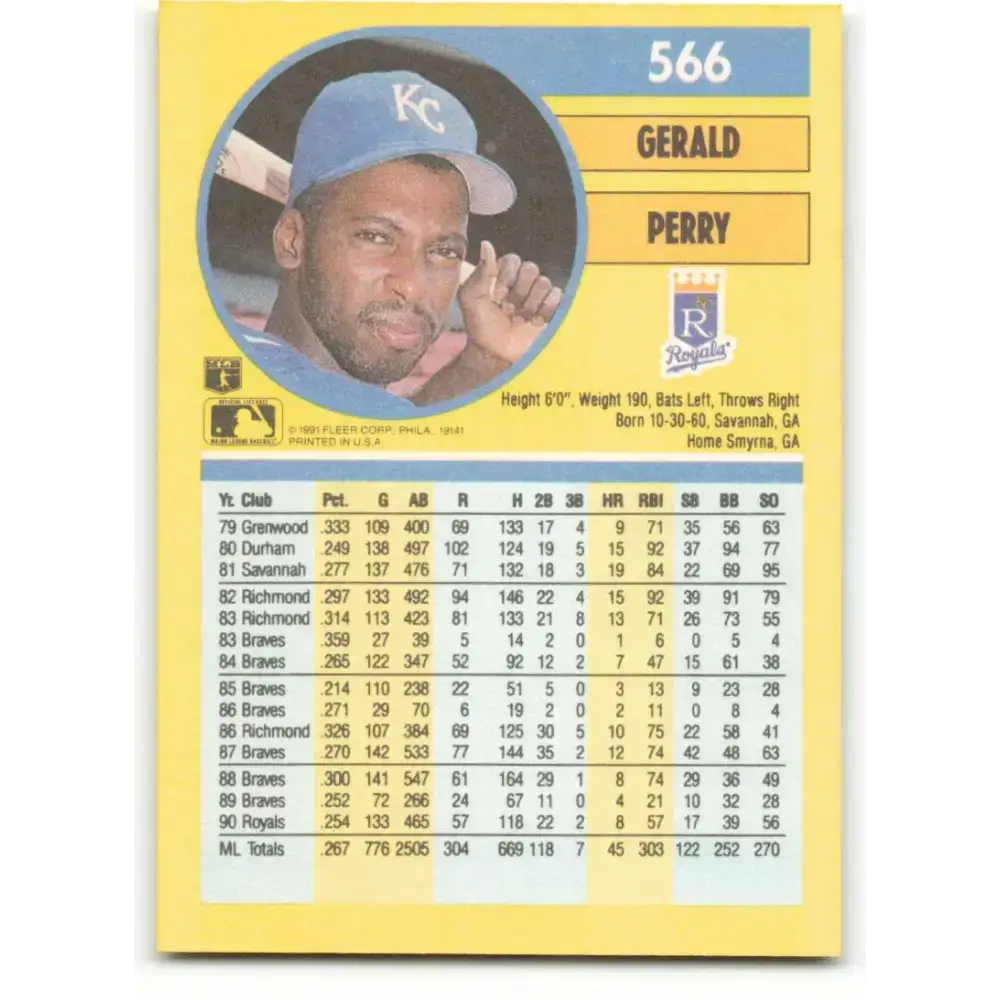 1991 Fleer #566 Gerald Perry NM-MT Kansas City Royals Baseball Card - Baseball Card Single