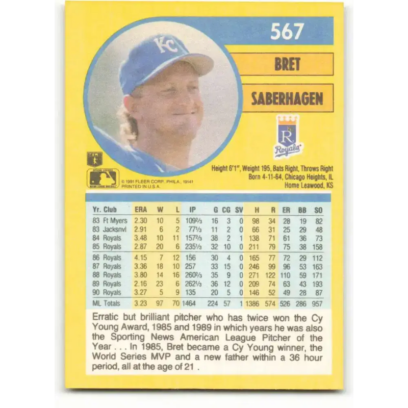 1991 Fleer #567 Bret Saberhagen NM-MT Kansas City Royals Baseball Card - Baseball Card Single