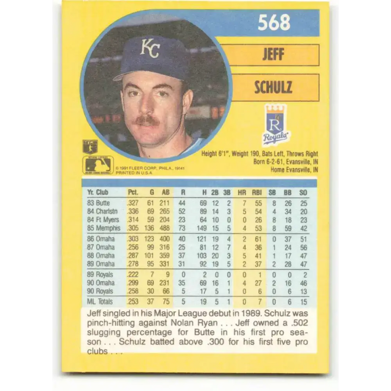 1991 Fleer #568 Jeff Schulz NM-MT RC Rookie Kansas City Royals Baseball Card - Baseball Card Single