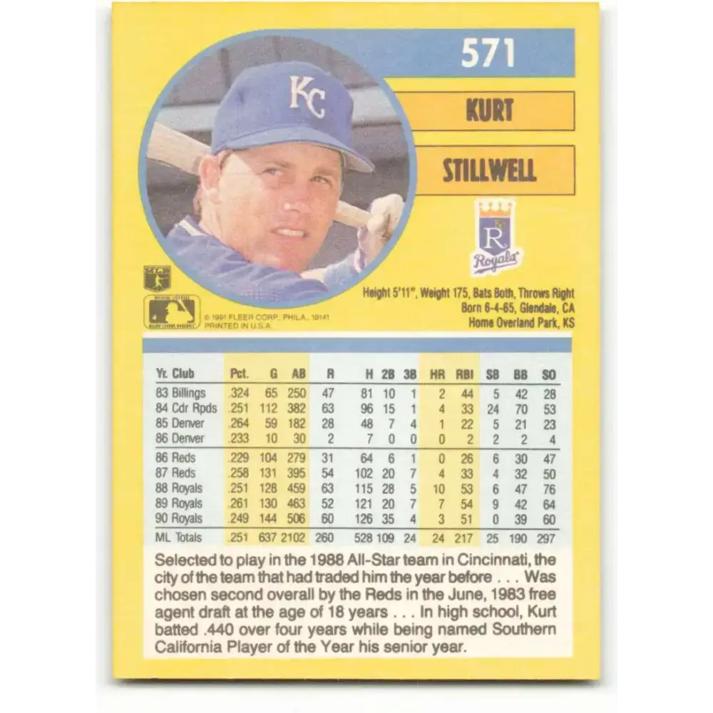 1991 Fleer #571 Kurt Stillwell NM-MT Kansas City Royals Baseball Card - Baseball Card Single