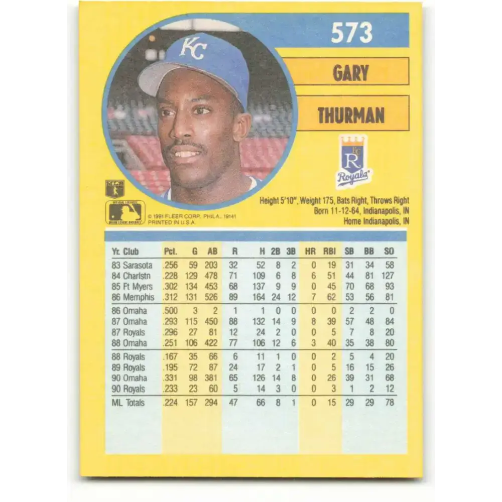 1991 Fleer #573 Gary Thurman NM-MT Kansas City Royals Baseball Card - Baseball Card Single