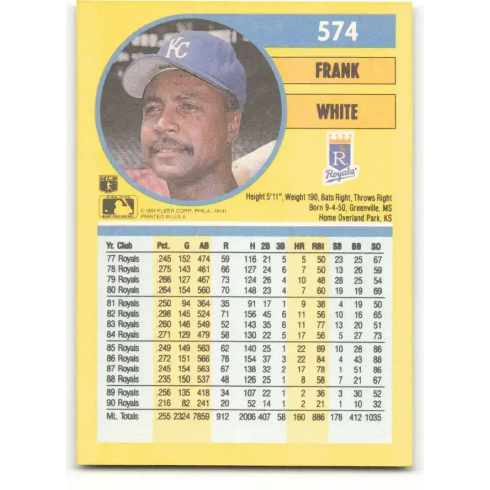 1991 Fleer #574 Frank White NM-MT Kansas City Royals Baseball Card - Baseball Card Single