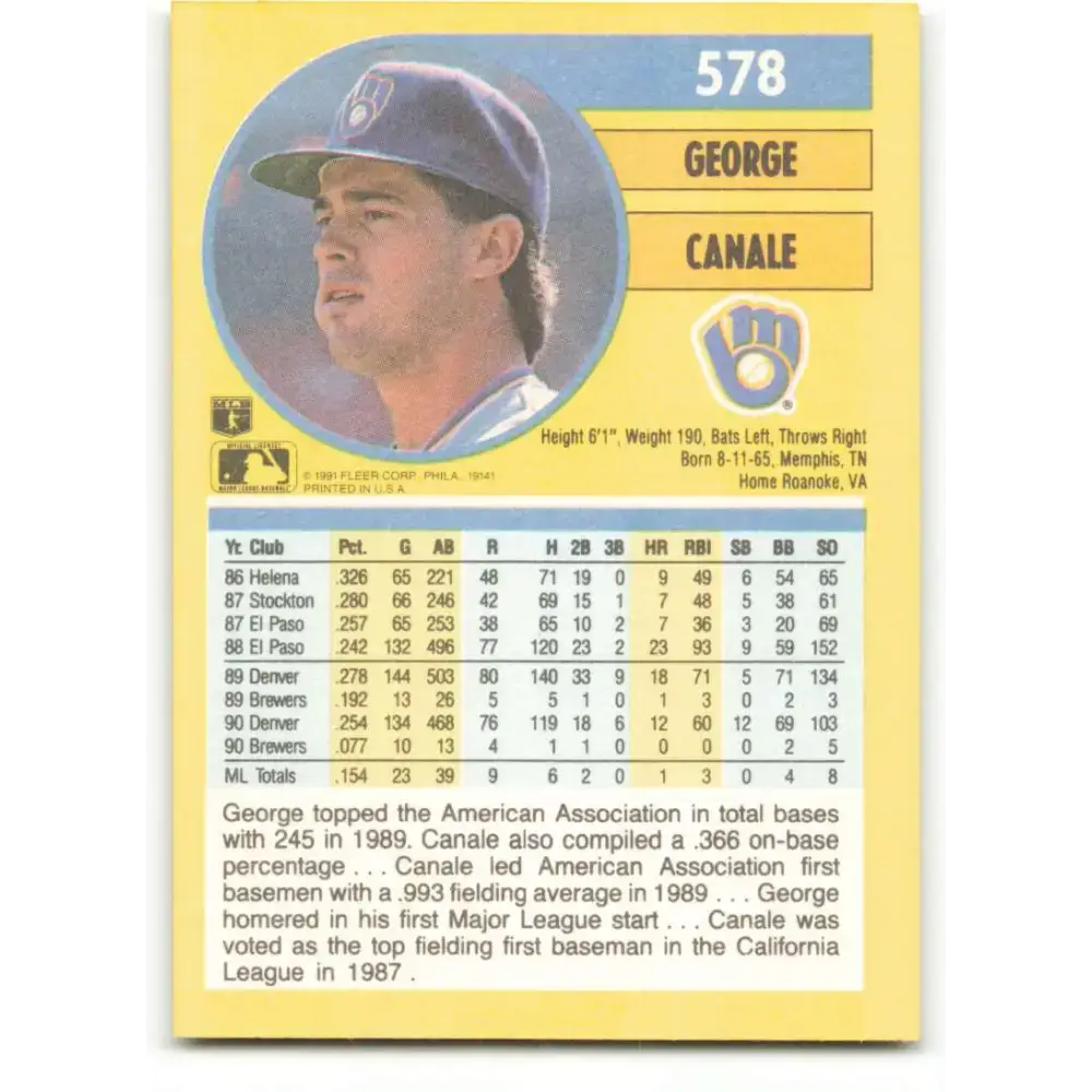1991 Fleer #578 George Canale NM-MT Milwaukee Brewers Baseball Card - Baseball Card Single