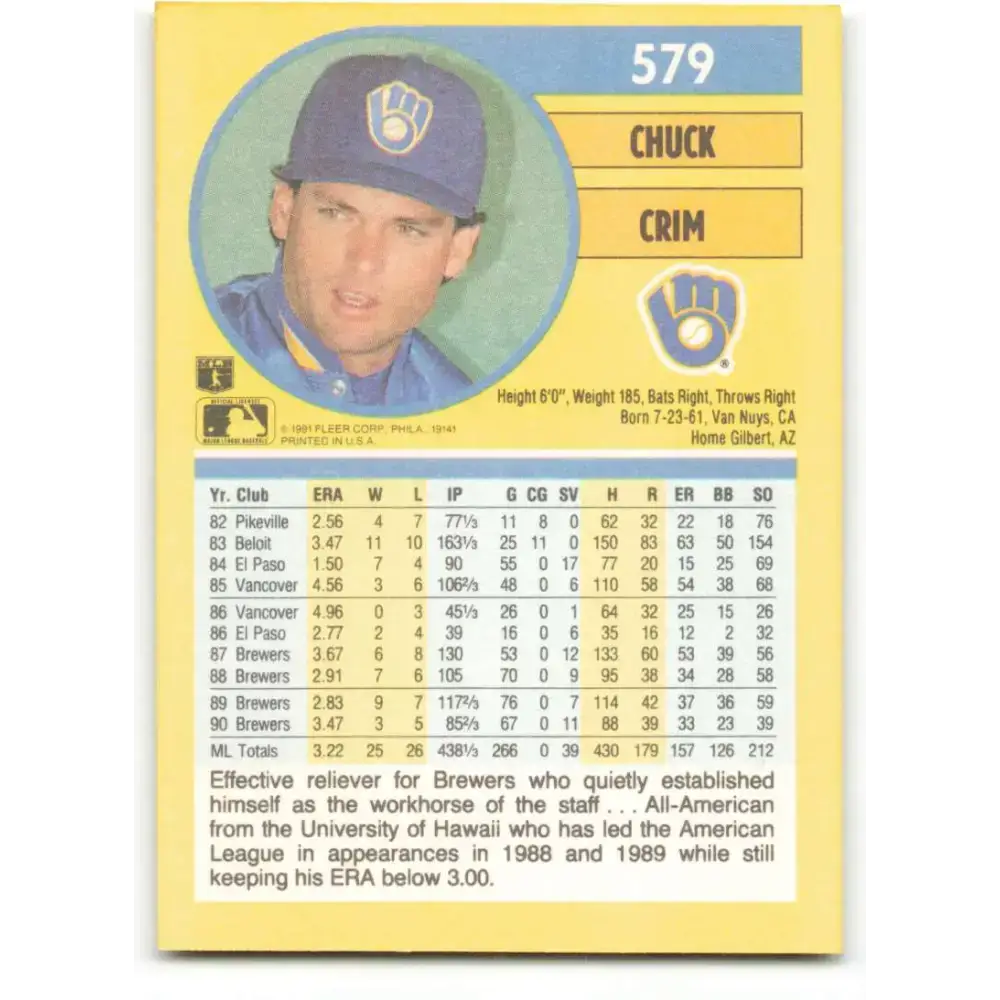 1991 Fleer #579 Chuck Crim NM-MT Milwaukee Brewers Baseball Card - Baseball Card Single