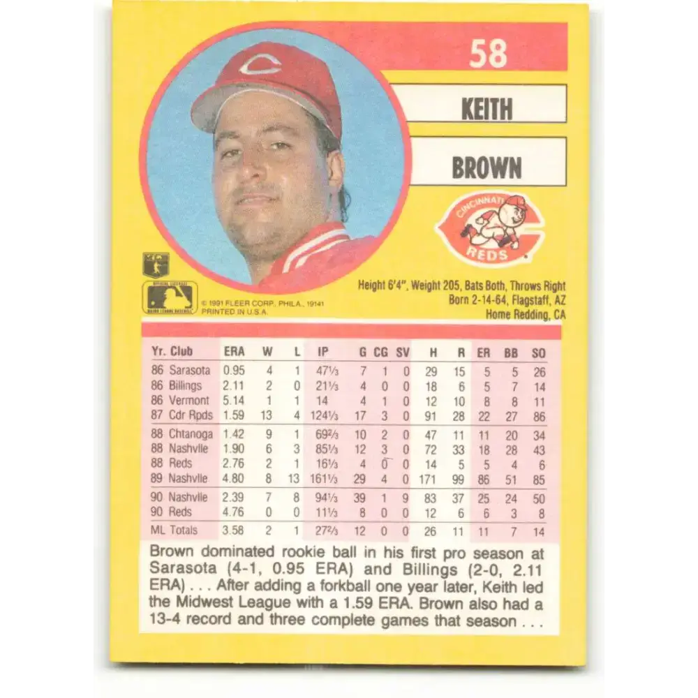 1991 Fleer #58 Keith Brown NM-MT Cincinnati Reds Baseball Card - Baseball Card Single