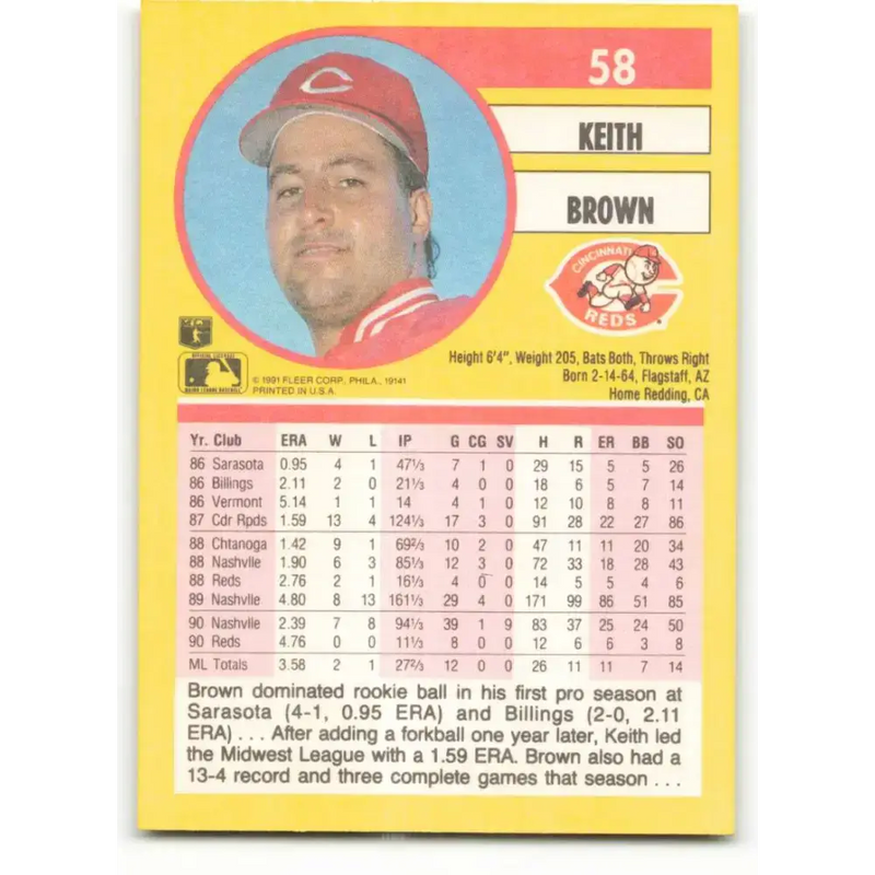 1991 Fleer #58 Keith Brown NM-MT Cincinnati Reds Baseball Card - Baseball Card Single