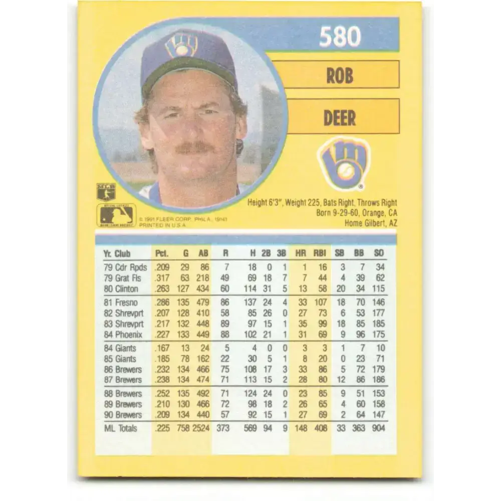 1991 Fleer #580 Rob Deer NM-MT Milwaukee Brewers Baseball Card - Baseball Card Single