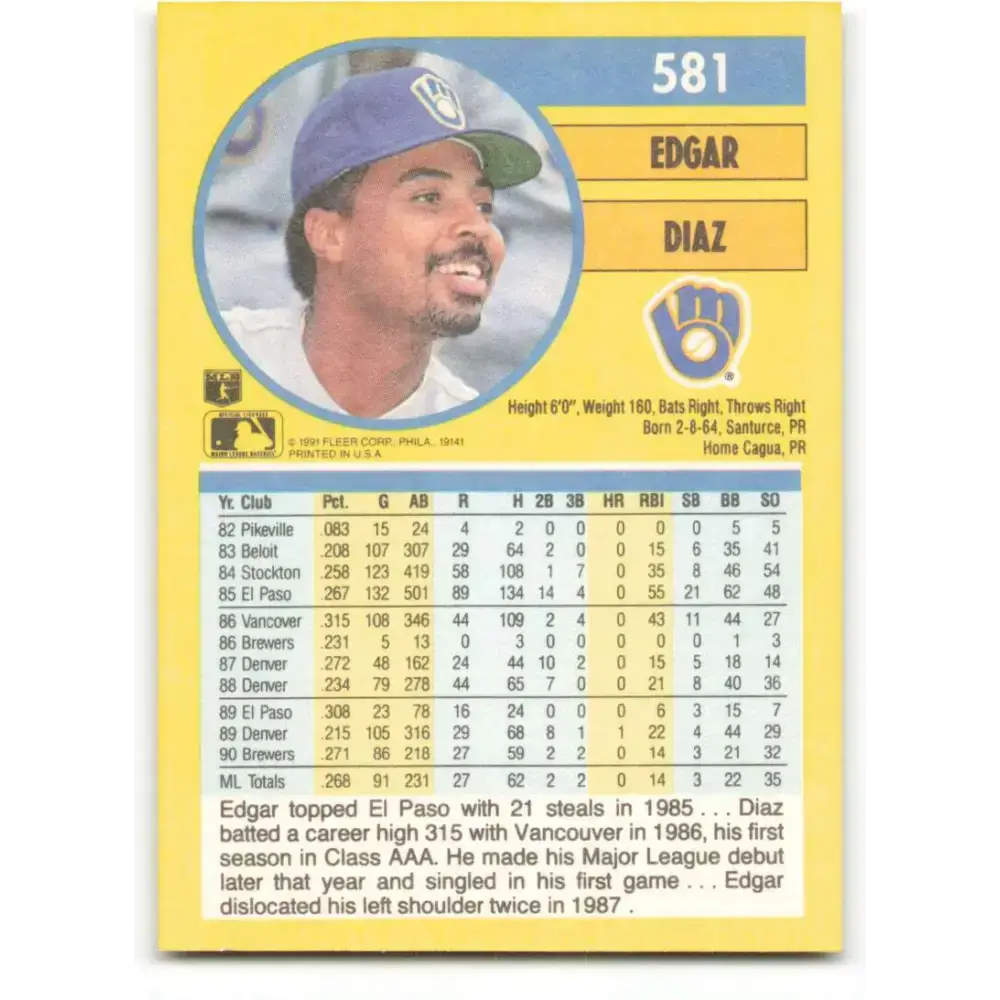 1991 Fleer #581 Edgar Diaz NM-MT Milwaukee Brewers Baseball Card - Baseball Card Single