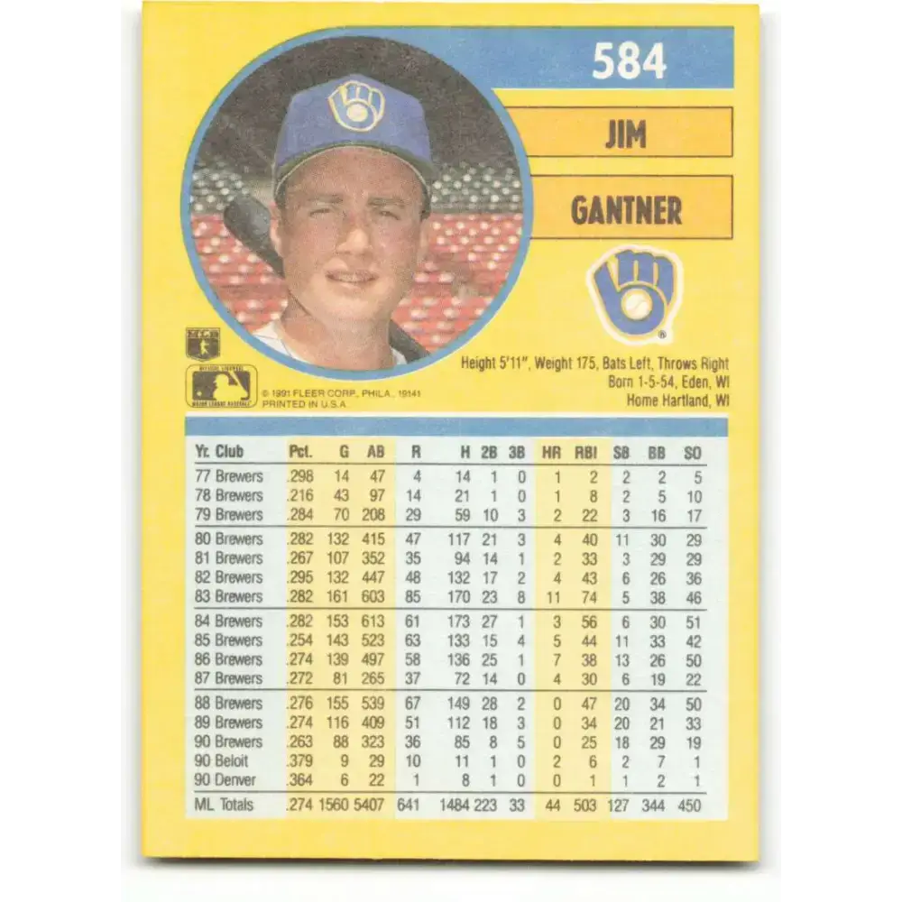 1991 Fleer #584 Jim Gantner NM-MT Milwaukee Brewers Baseball Card - Baseball Card Single