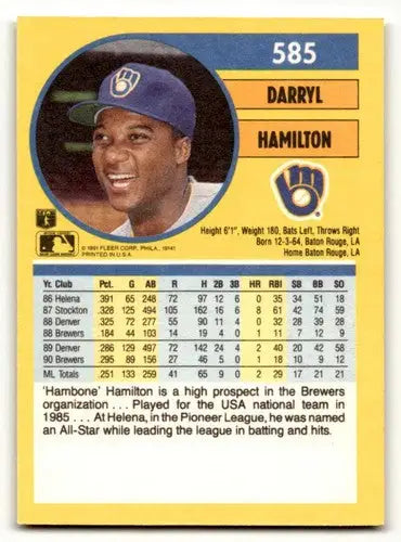 Darryl Hamilton Milwaukee baseball card from 1991 Fleer #585 with Milwaukee Brewers