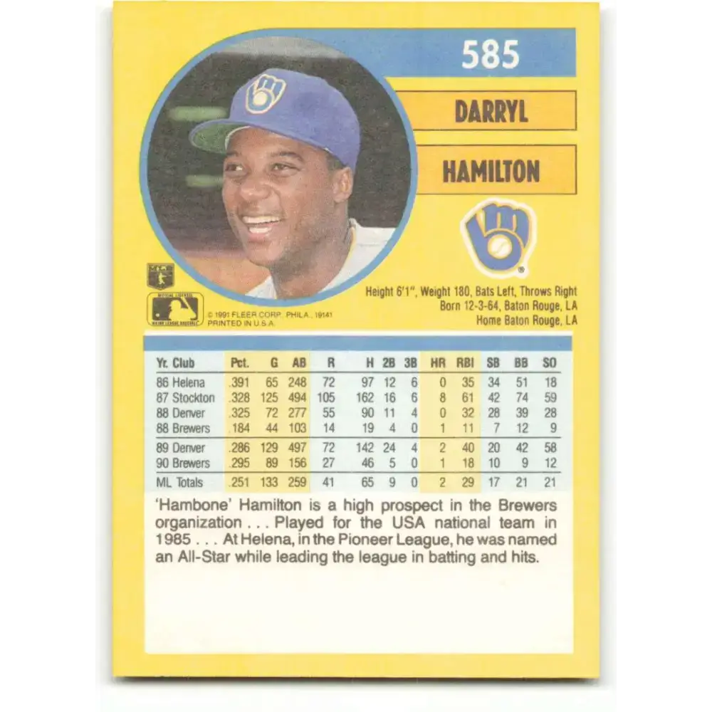 1991 Fleer #585 Darryl Hamilton NM-MT Milwaukee Brewers Baseball Card - Baseball Card Single