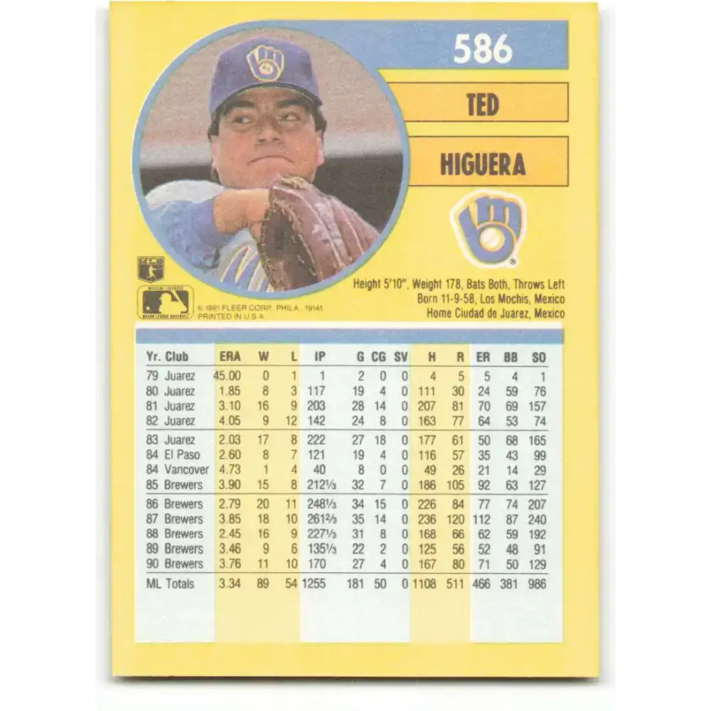 1991 Fleer #586 Teddy Higuera NM-MT Milwaukee Brewers Baseball Card - Baseball Card Single