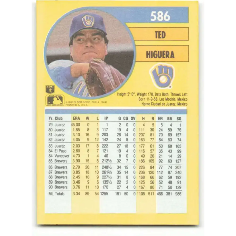 1991 Fleer #586 Teddy Higuera NM-MT Milwaukee Brewers Baseball Card - Baseball Card Single