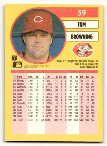 Tom Browning Cincinnati Reds baseball card from 1991 Fleer series, EX/NM condition