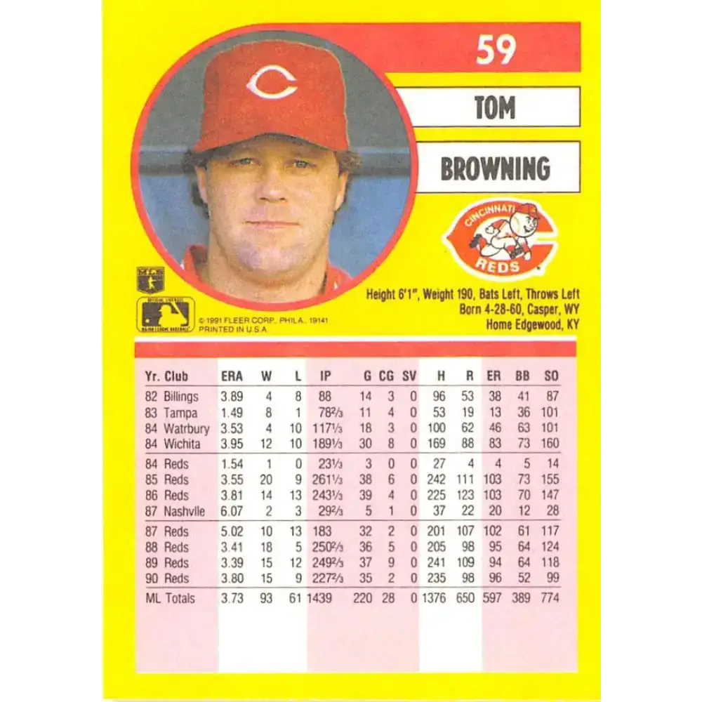 1991 Fleer #59 Tom Browning NM-MT Cincinnati Reds Baseball Card - Baseball Card Single