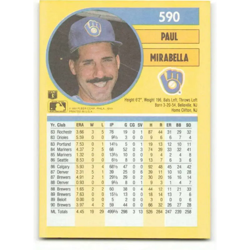 1991 Fleer #590 Paul Mirabella NM-MT Milwaukee Brewers Baseball Card - Baseball Card Single
