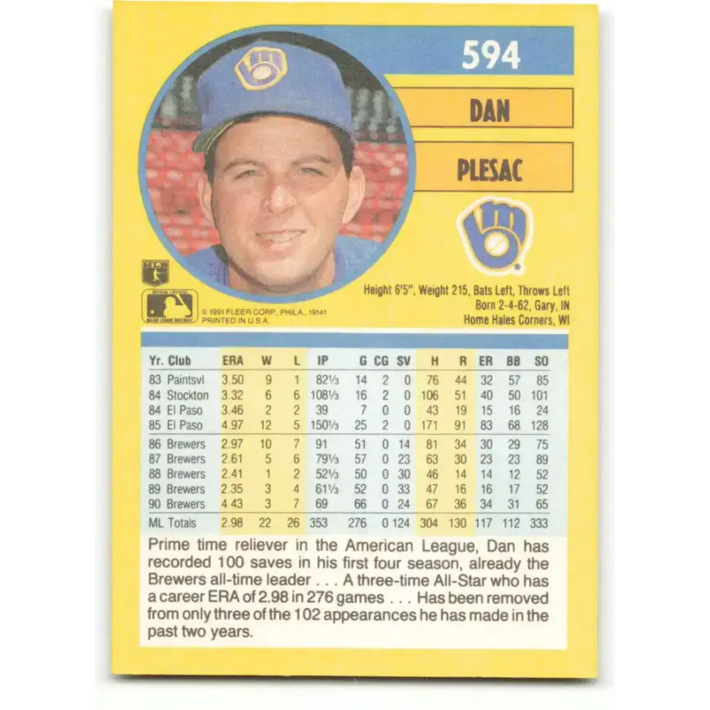 1991 Fleer #594 Dan Plesac NM-MT Milwaukee Brewers Baseball Card - Baseball Card Single