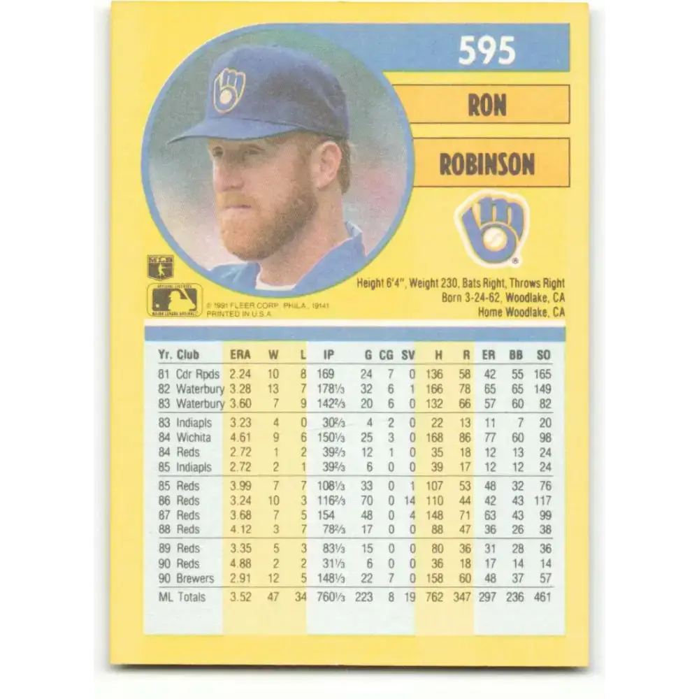 1991 Fleer #595 Ron Robinson NM-MT Milwaukee Brewers Baseball Card - Baseball Card Single