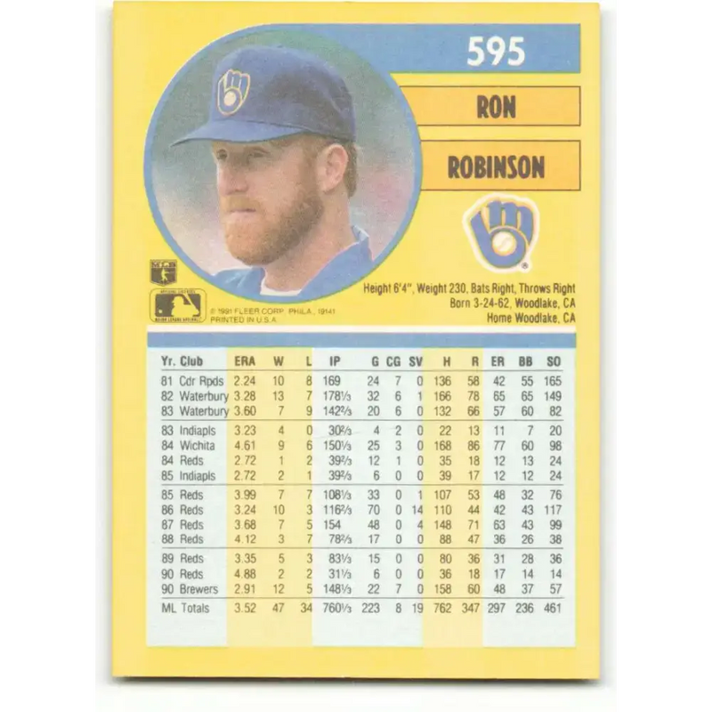 1991 Fleer #595 Ron Robinson NM-MT Milwaukee Brewers Baseball Card - Baseball Card Single