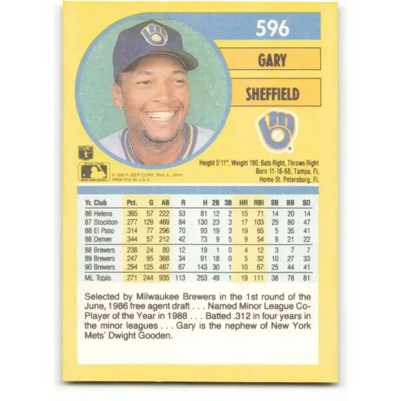 1991 Fleer #596 Gary Sheffield NM-MT Milwaukee Brewers Baseball Card - Baseball Card Single