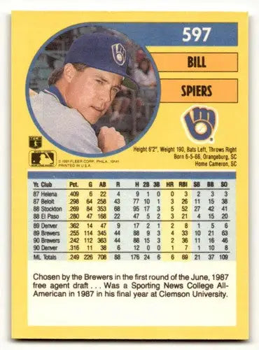 Original gloss of 1991 Fleer Bill Spiers Brewers Baseball Cards back image