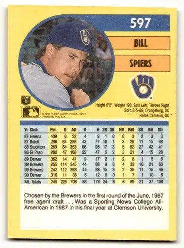Close-up of 1991 Fleer Bill Spiers Milwaukee Brewers baseball card back with original gloss