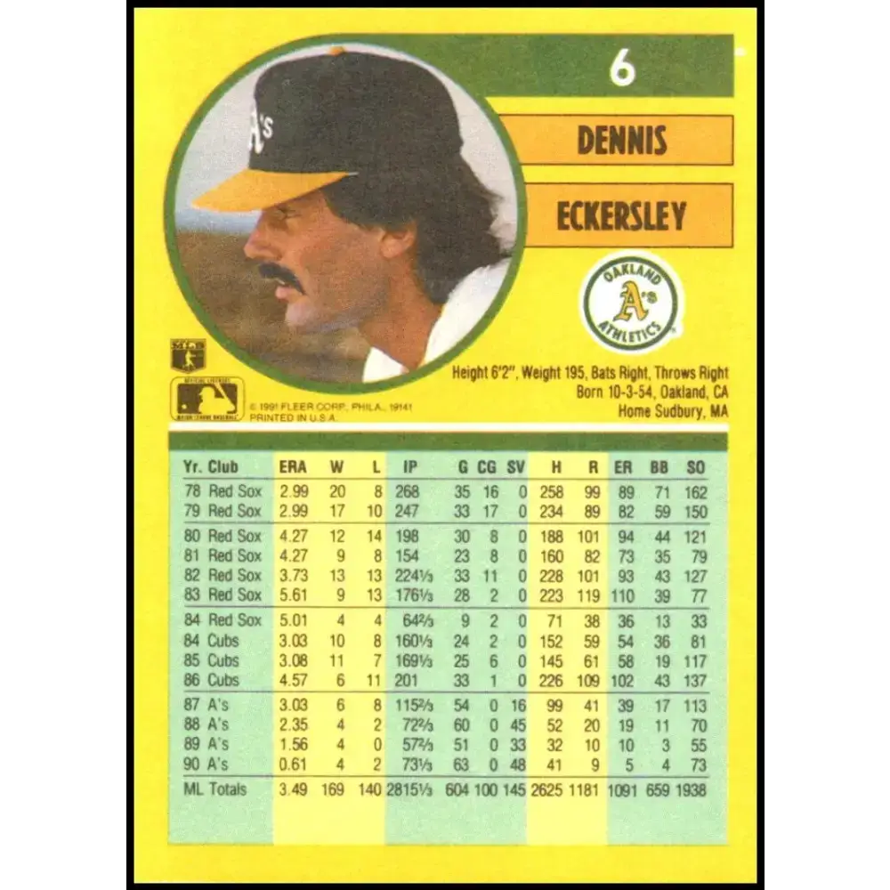1991 Fleer #6 Dennis Eckersley NM-MT Oakland Athletics Baseball Card - Baseball Card Single