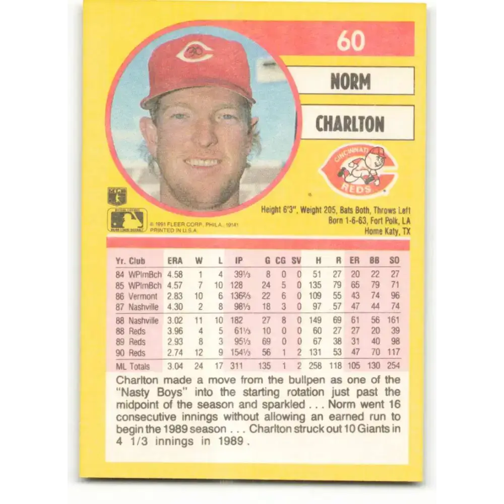1991 Fleer #60 Norm Charlton NM-MT Cincinnati Reds Baseball Card - Baseball Card Single