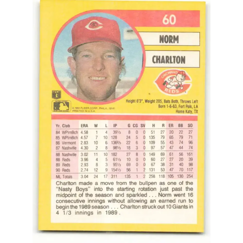 1991 Fleer #60 Norm Charlton NM-MT Cincinnati Reds Baseball Card - Baseball Card Single