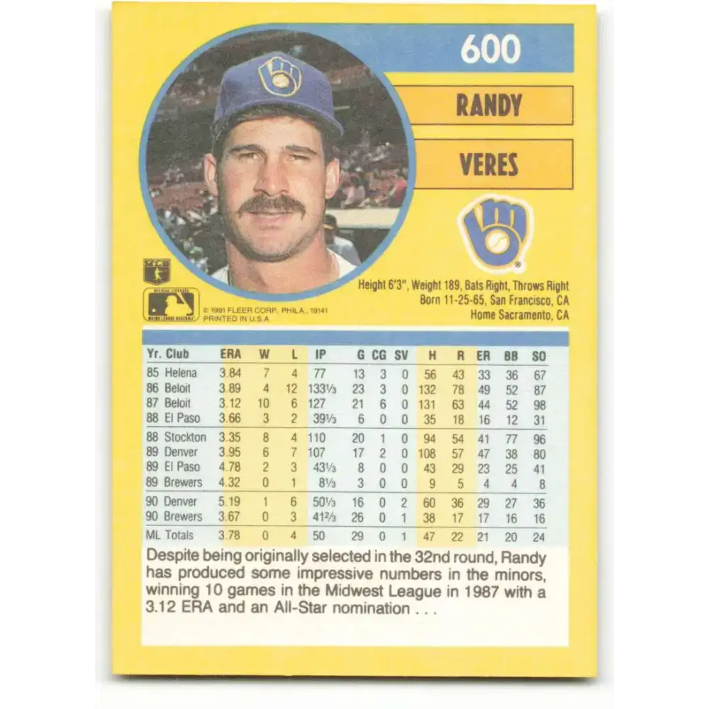 1991 Fleer #600 Randy Veres NM-MT Milwaukee Brewers Baseball Card - Baseball Card Single