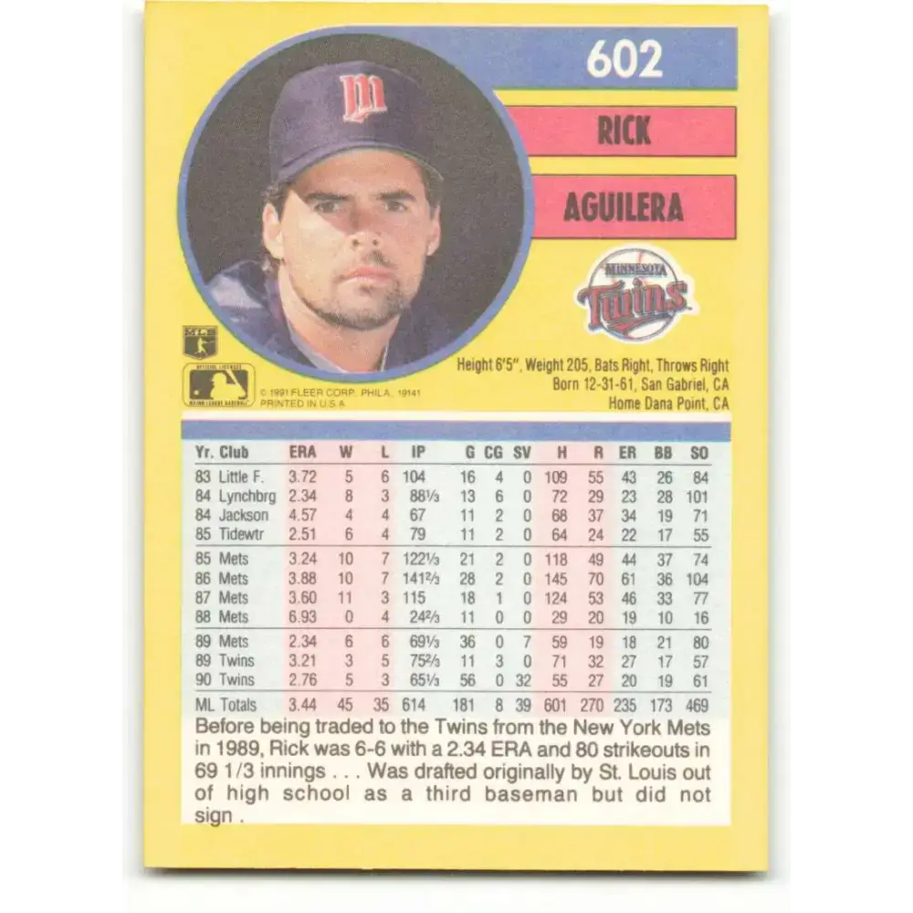 1991 Fleer #602 Rick Aguilera NM-MT Minnesota Twins Baseball Card - Baseball Card Single