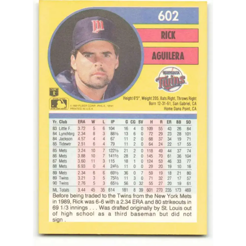1991 Fleer #602 Rick Aguilera NM-MT Minnesota Twins Baseball Card - Baseball Card Single