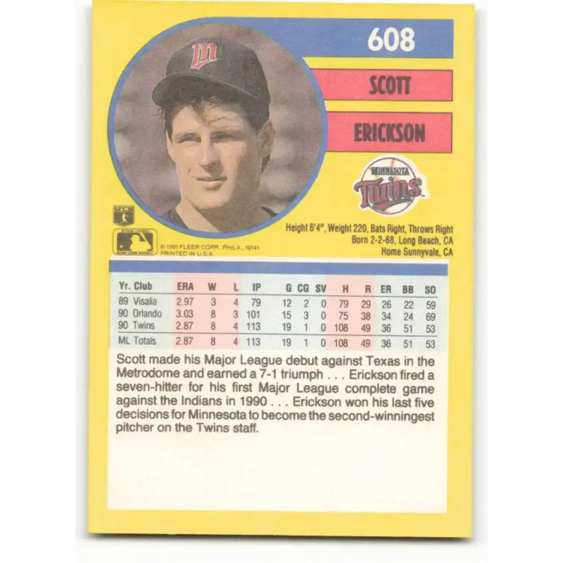 1991 Fleer #608 Scott Erickson NM-MT Minnesota Twins Baseball Card - Baseball Card Single