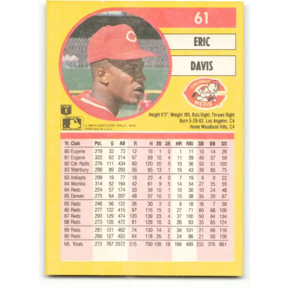 1991 Fleer #61 Eric Davis NM-MT Cincinnati Reds Baseball Card - Baseball Card Single
