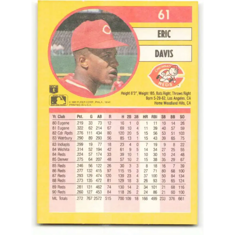 1991 Fleer #61 Eric Davis NM-MT Cincinnati Reds Baseball Card - Baseball Card Single