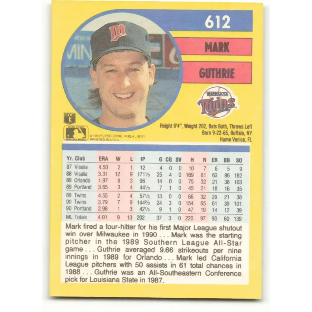 1991 Fleer #612 Mark Guthrie NM-MT Minnesota Twins Baseball Card - Baseball Card Single