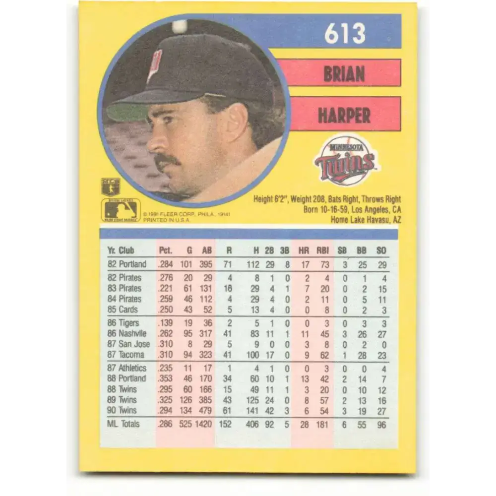 1991 Fleer #613 Brian Harper NM-MT Minnesota Twins Baseball Card - Baseball Card Single