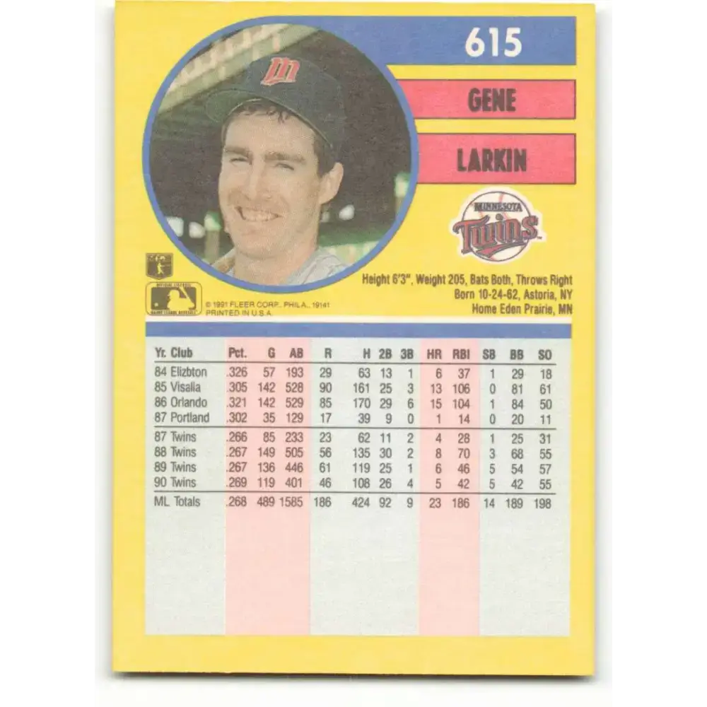 1991 Fleer #615 Gene Larkin NM-MT Minnesota Twins Baseball Card - Baseball Card Single