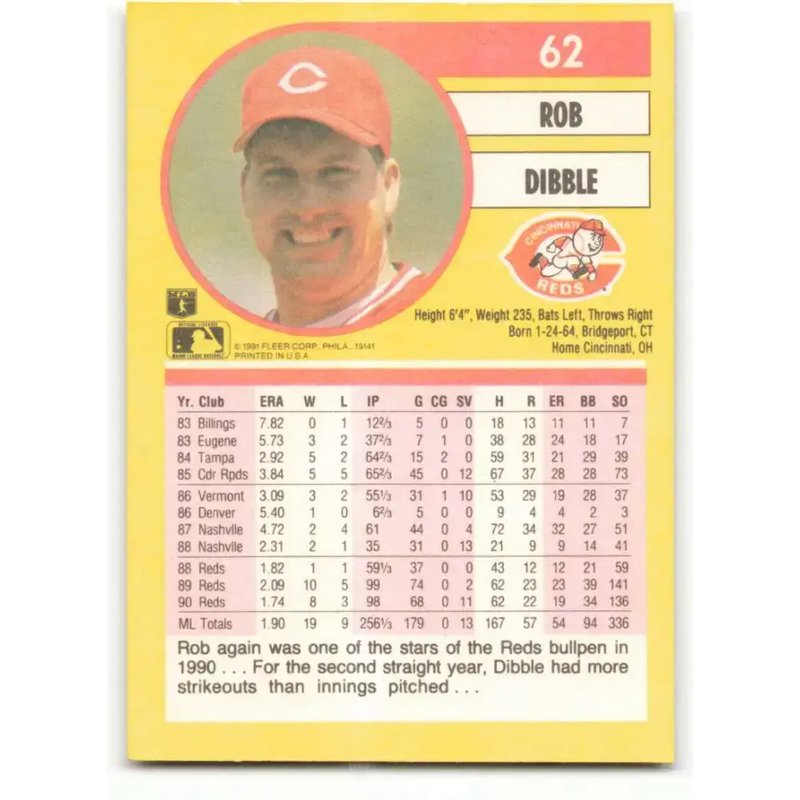 1991 Fleer #62 Rob Dibble NM-MT Cincinnati Reds Baseball Card - Baseball Card Single