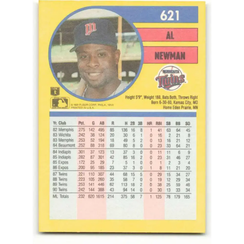 1991 Fleer #621 Al Newman NM-MT Minnesota Twins Baseball Card - Baseball Card Single