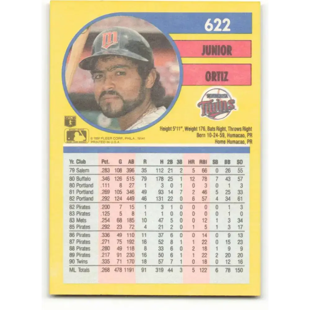 1991 Fleer #622 Junior Ortiz NM-MT Minnesota Twins Baseball Card - Baseball Card Single