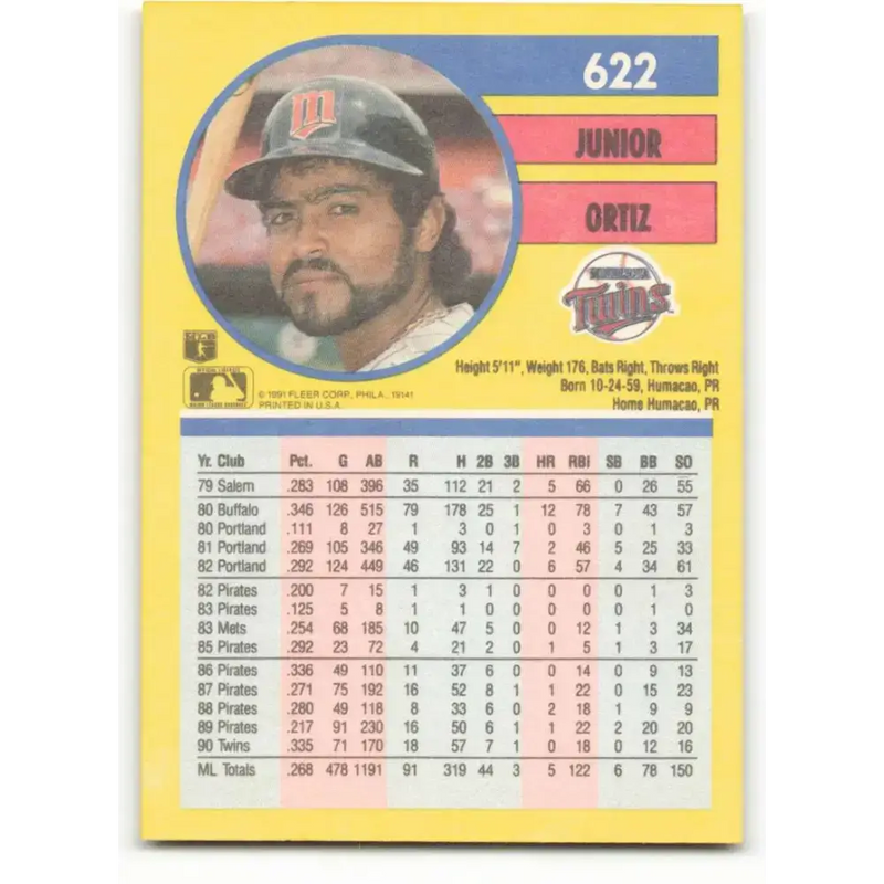 1991 Fleer #622 Junior Ortiz NM-MT Minnesota Twins Baseball Card - Baseball Card Single