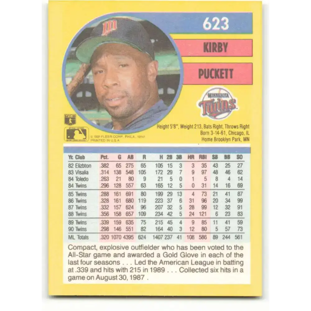 1991 Fleer #623 Kirby Puckett NM-MT Minnesota Twins Baseball Card - Baseball Card Single